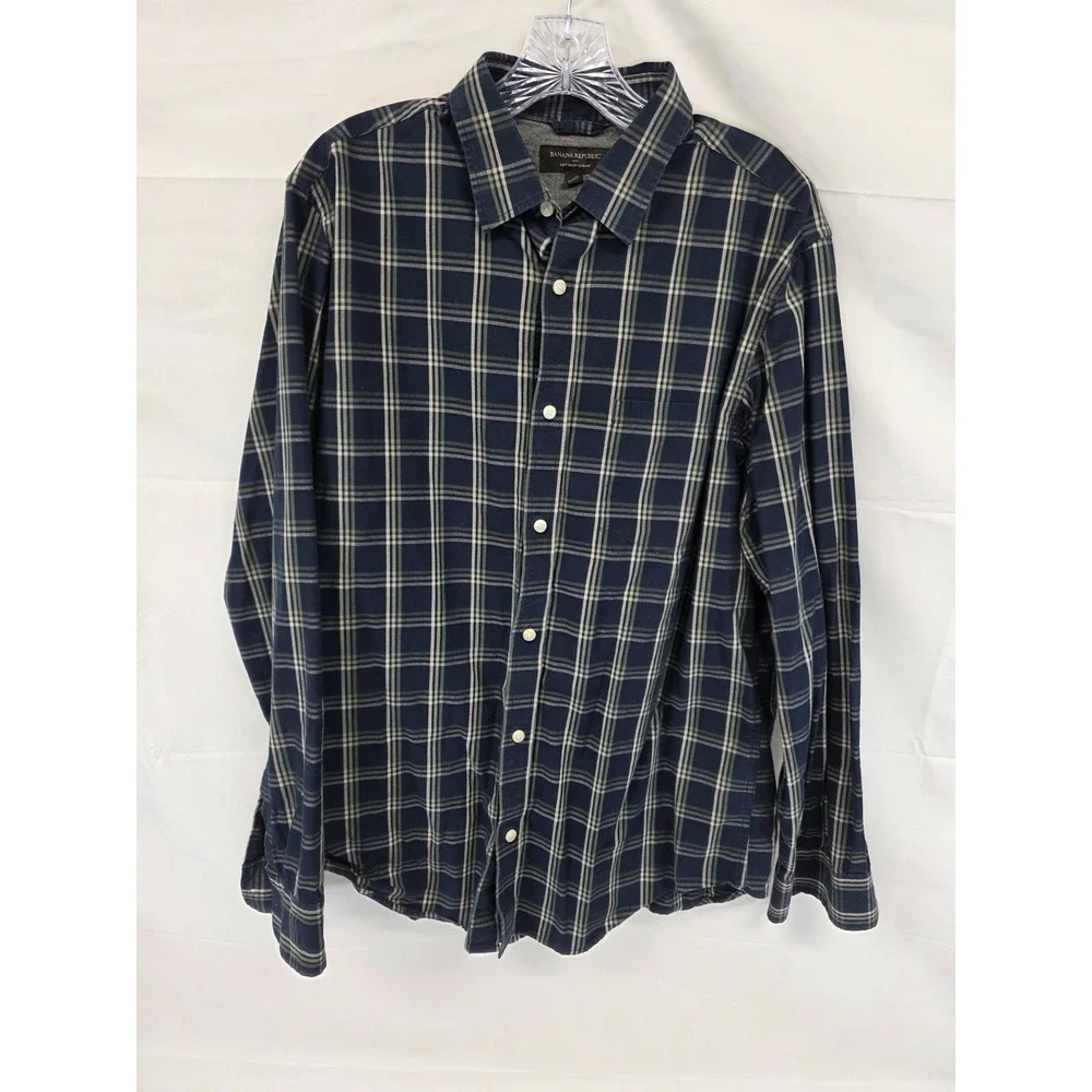 Banana Republic Soft Wash Slim Fit Plaid Button Down Shirt Mens Large Blue Green